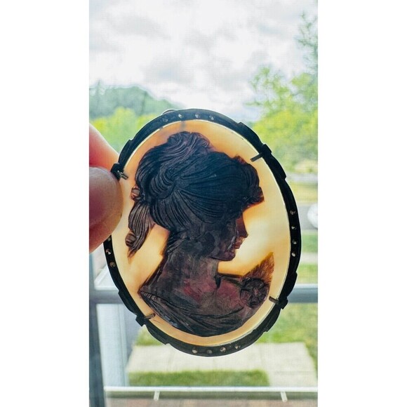 VTG Carved Abalone Shell Marcasite Woman Cameo Sterling Silver Pendant Brooch - Picture 4 of 7